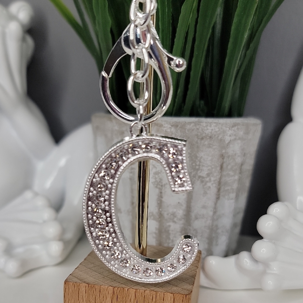 Letter C Initial C Alphabet C Rhinestone Silver Key Chain Bag Charm - Picture 3 of 8